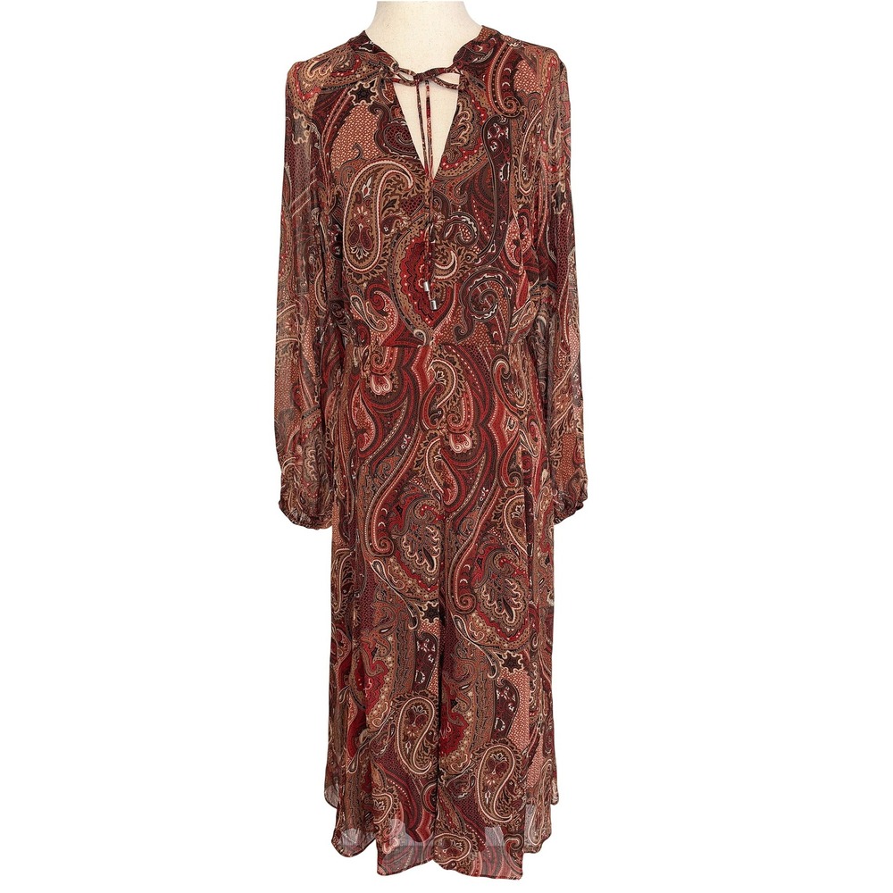 Tommy Hilfiger Red Brown Paisley Midi Dress 6 Balloon Sleeves Boho Earthy Fall